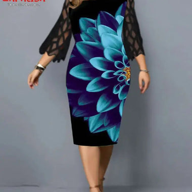 a woman in a black and blue dress