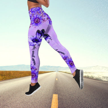 a woman is running down the road in a purple outfit