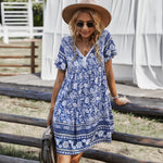 Women's Summer Boho Flower Print V Neck Dress