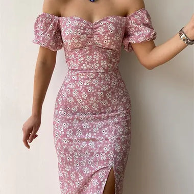 Floral Print Short Sleeve Hip Wrap Party Dress