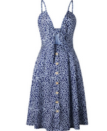 a blue and white dress with buttons on it