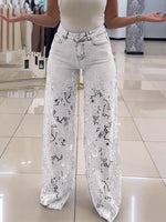 White High Waist Wide Leg Jeans for Women with lace flower hollow design. Fresh and elegant Y2K-inspired denim for standout style.