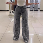 Gray High Waist Wide Leg Jeans for Women with lace flower hollow pattern. A stylish fusion of comfort and modern Y2K aesthetics.