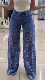Blue Y2K Lace Flowers Hollow Jeans with high waist and wide leg cut. Unique floral lace design adds flair to everyday denim.