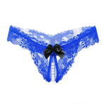 a women's blue lace panties with a bow