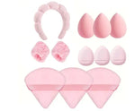 a picture of a set of pink and white accessories