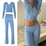 Knitted Hoodie Cropped Top And Pants Set