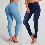 two women in high waisted jeans are standing next to each other