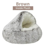 a gray dog bed with a white fur inside