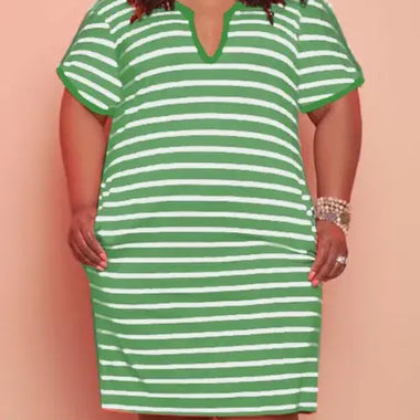 V Neck Striped Pocket Midi Dress