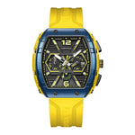 a yellow and blue watch on a white background