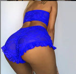 a woman in a blue lingerie and panties