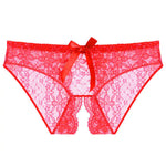 a woman's underwear with red lace and a red bow