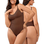 a woman in a brown one piece swimsuit