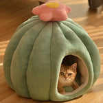 a cat sitting inside of a green ball shaped bed