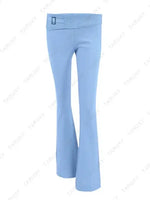 a woman's blue pants with a button on the side