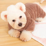 a small white dog wearing a brown teddy bear outfit