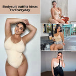 a collage of photos of a woman in a bodysuit