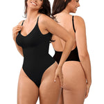 a woman in a black one piece swimsuit