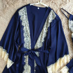 a blue robe with white lace on it