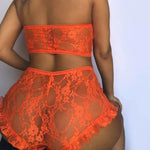 a woman in an orange lacy lingerie