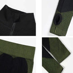 four different views of a black and green sweater