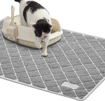 a black and white cat standing on a litter mat