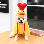 a small dog dressed in a chicken costume