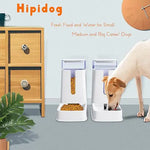 a dog eating food out of a food dispenser