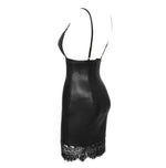 a black leather dress with a lace trim